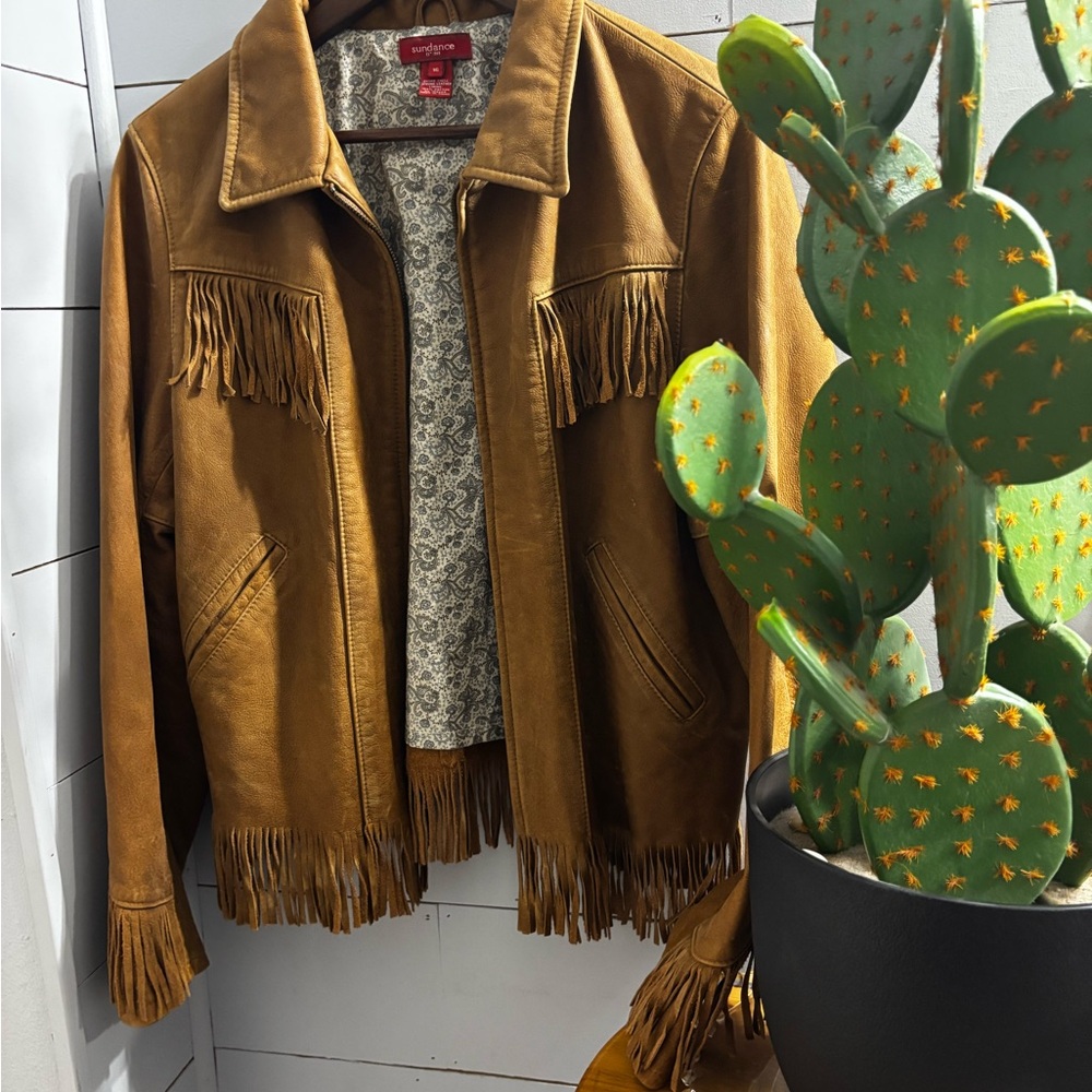 Sundance Caramel Leather Jacket with Fringe Western Style